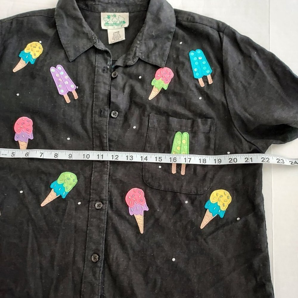 Vinta Quacker Factory Linen Blend Short Sleeve Black Ice Cream Embroidered Shirt - Picture 6 of 7